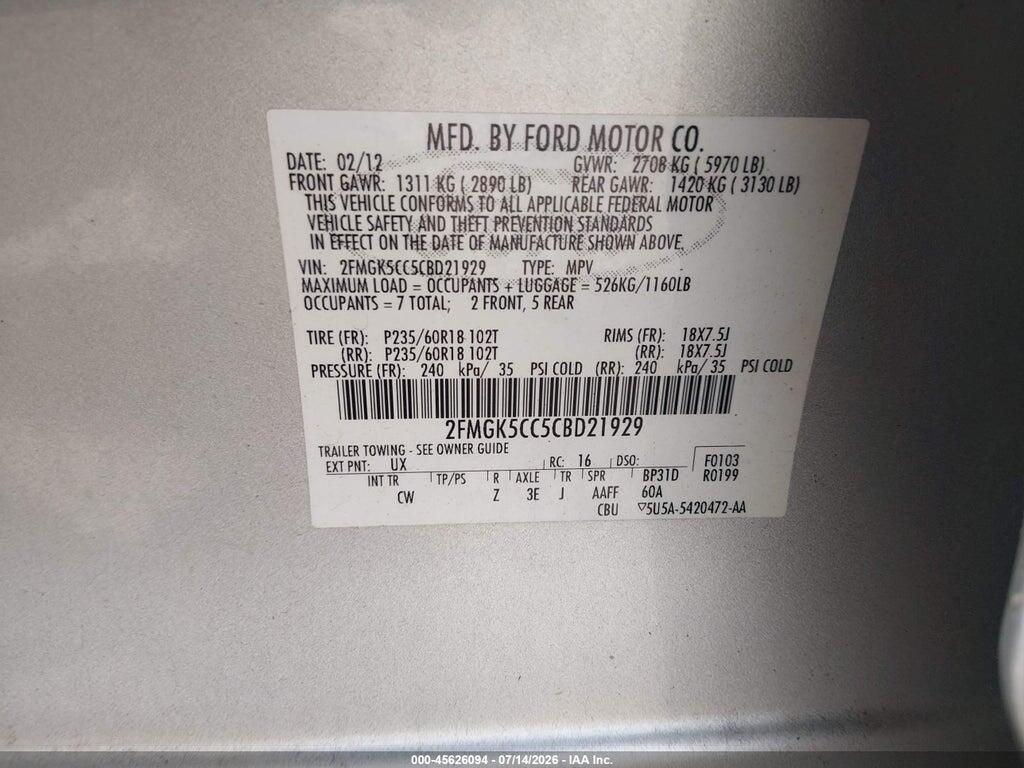 2FMGK5CC5CBD21929 2012 FORD FLEX photo no. 9