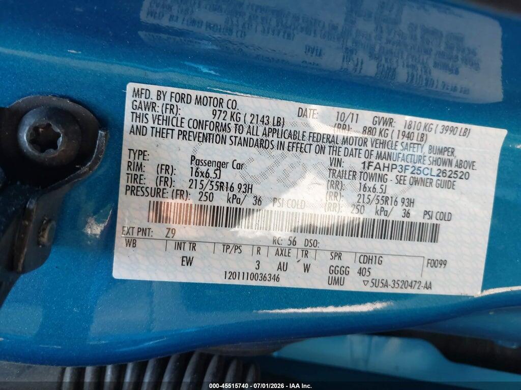 1FAHP3F25CL262520 2012 FORD FOCUS photo no. 9
