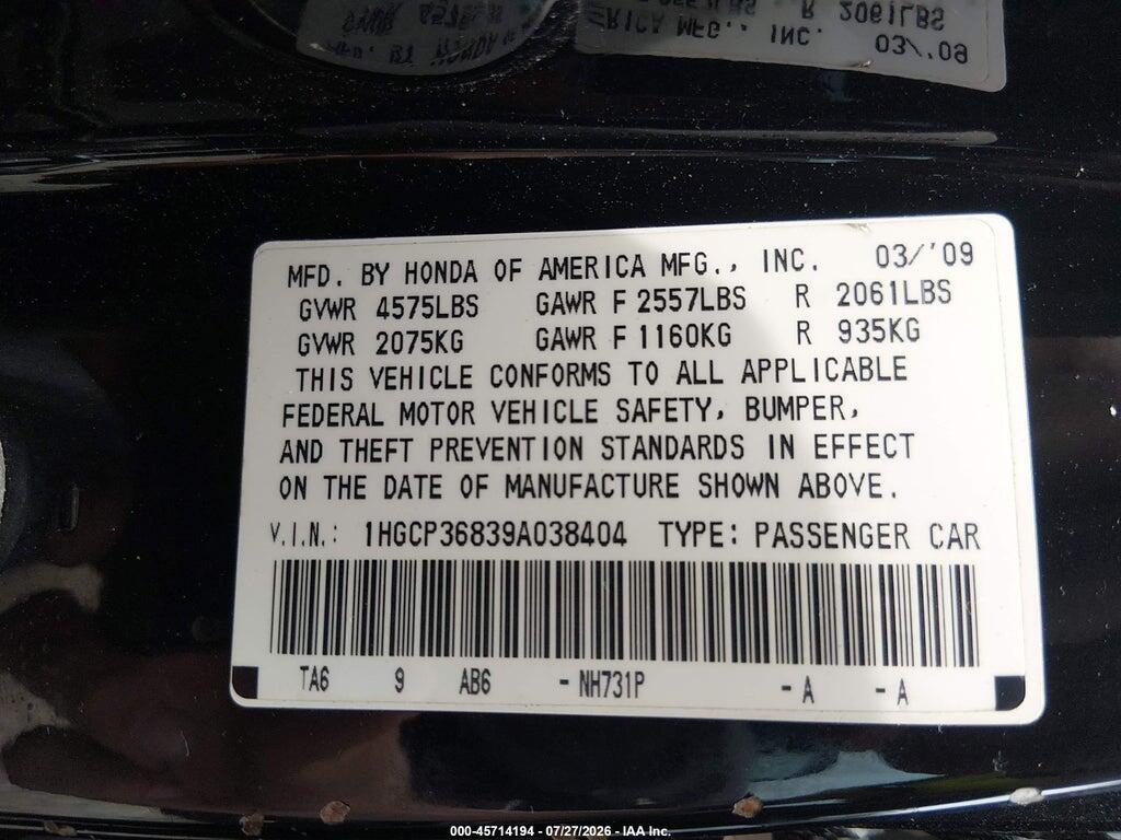 1HGCP36839A038404 2009 HONDA ACCORD photo no. 9