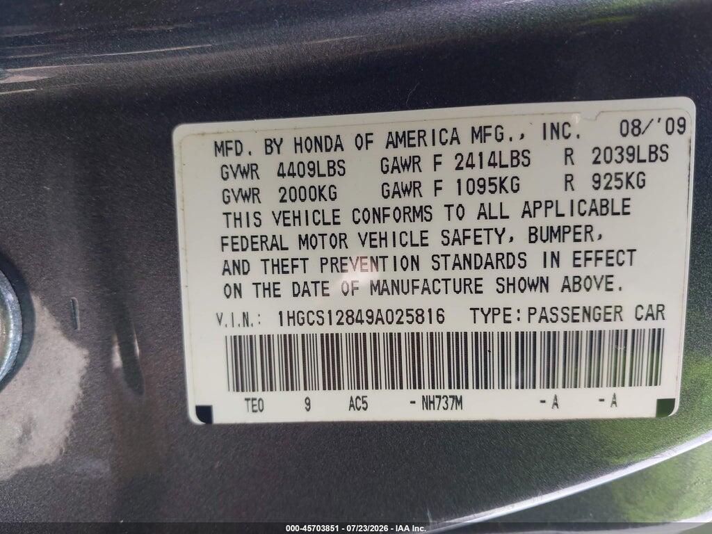 1HGCS12849A025816 2009 HONDA ACCORD photo no. 9
