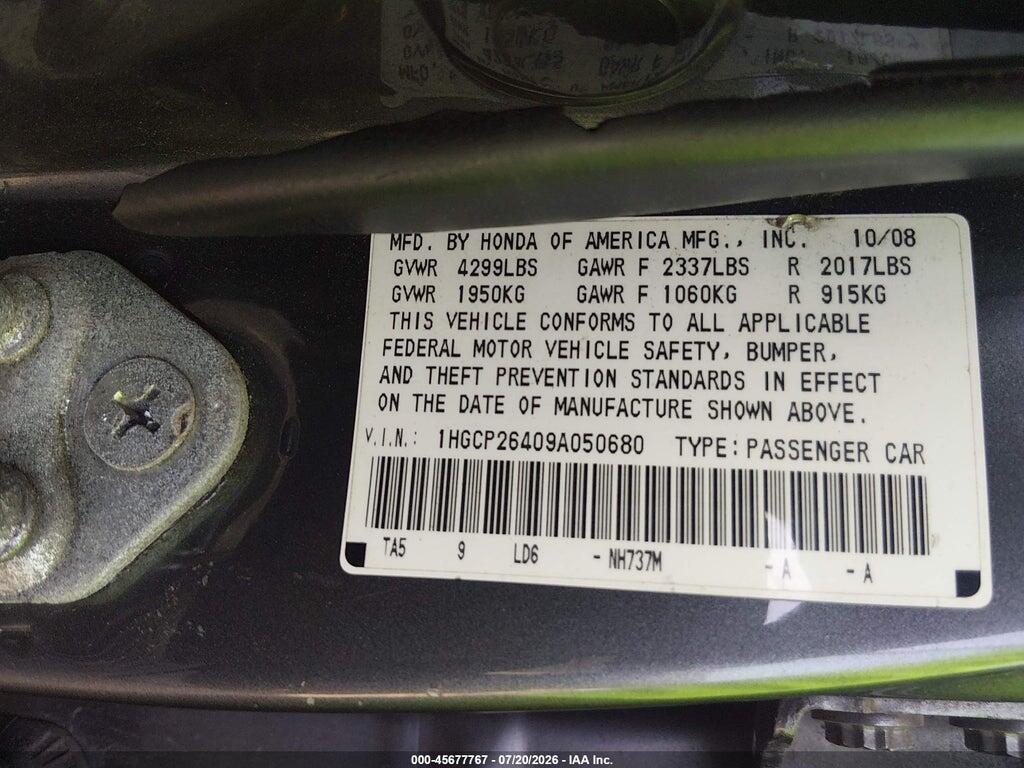 1HGCP26409A050680 2009 HONDA ACCORD photo no. 9