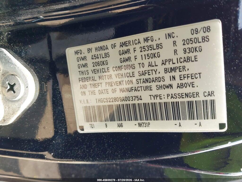 1HGCS22809A003754 2009 HONDA ACCORD photo no. 9