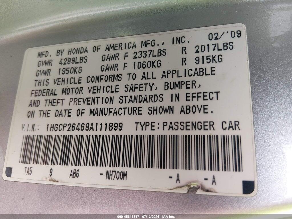 1HGCP26469A111899 2009 HONDA ACCORD photo no. 9