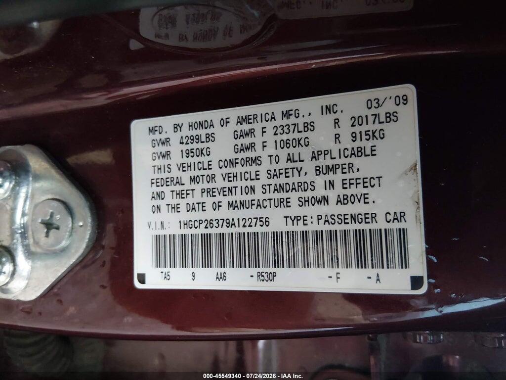 1HGCP26379A122756 2009 HONDA ACCORD photo no. 9