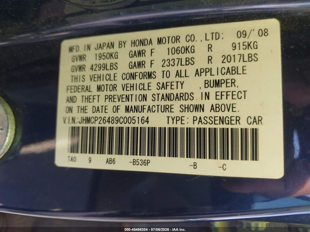 JHMCP26489C005164 2009 HONDA ACCORD photo no. 9