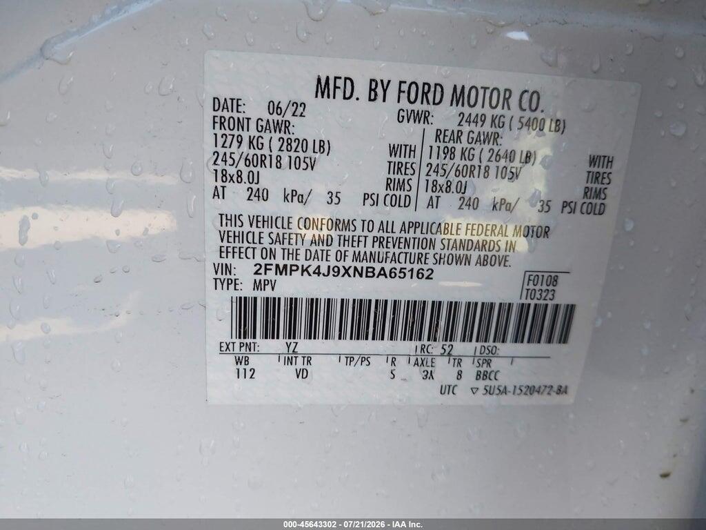 2FMPK4J9XNBA65162 2022 FORD EDGE photo no. 9