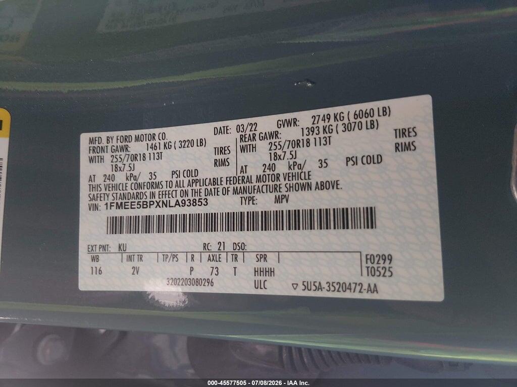 1FMEE5BPXNLA93853 2022 FORD BRONCO photo no. 9