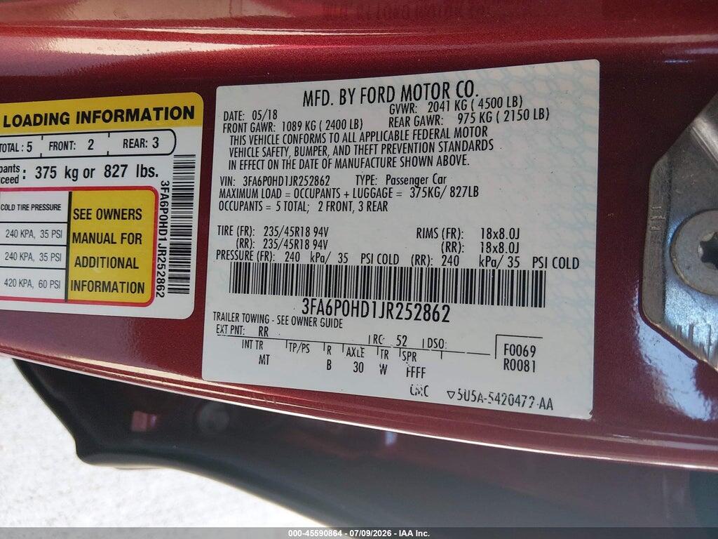 3FA6P0HD1JR252862 2018 FORD FUSION photo no. 9