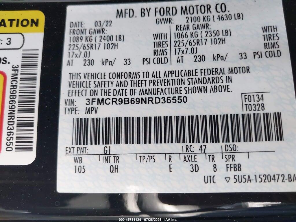 3FMCR9B69NRD36550 2022 FORD BRONCO SPORT photo no. 9
