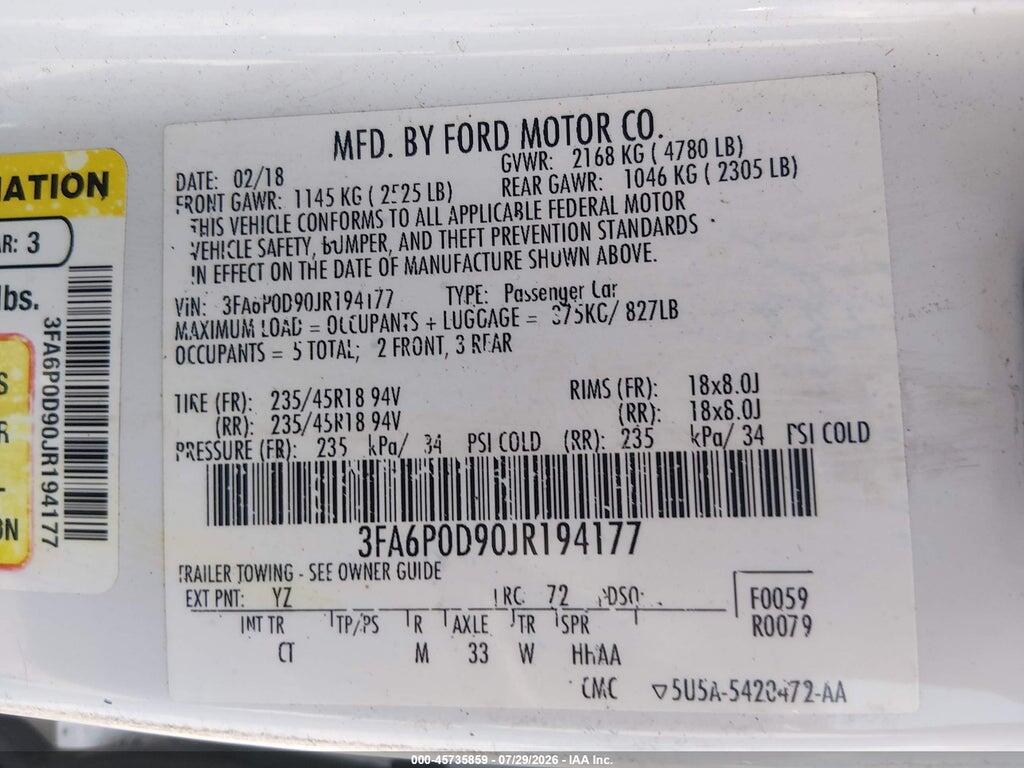 3FA6P0D90JR194177 2018 FORD FUSION photo no. 9