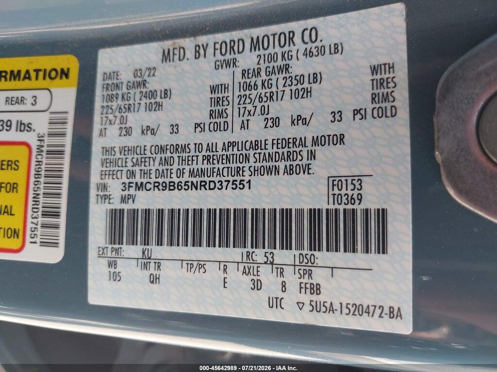 3FMCR9B65NRD37551 2022 FORD BRONCO SPORT photo no. 9