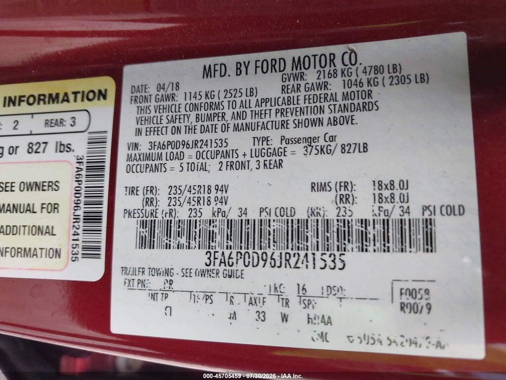 3FA6P0D96JR241535 2018 FORD FUSION photo no. 9