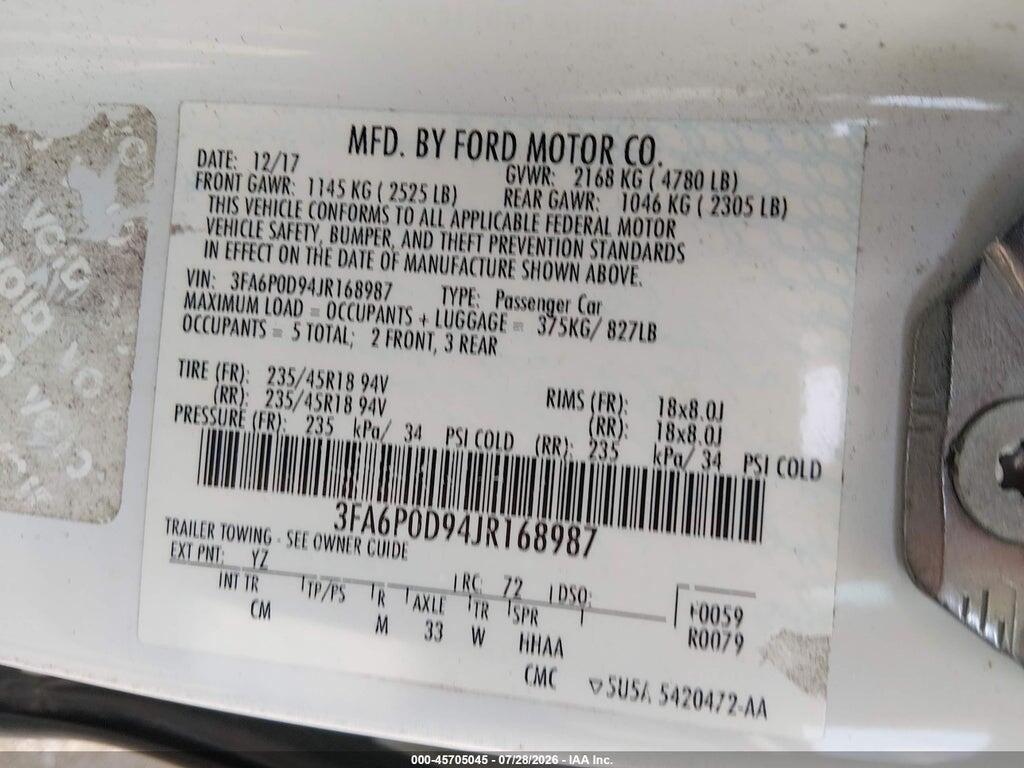 3FA6P0D94JR168987 2018 FORD FUSION photo no. 9