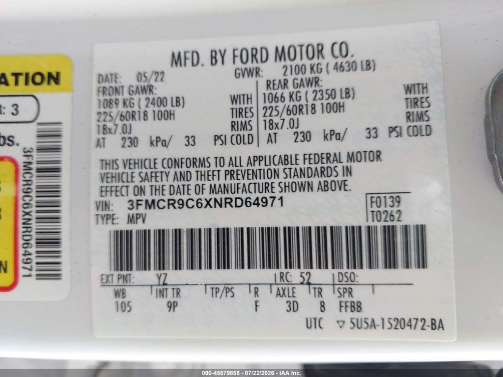 3FMCR9C6XNRD64971 2022 FORD BRONCO SPORT photo no. 9