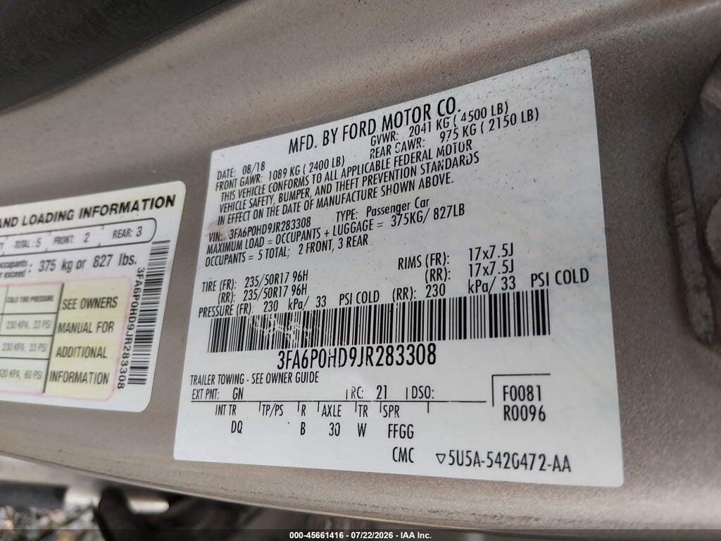 3FA6P0HD9JR283308 2018 FORD FUSION photo no. 9