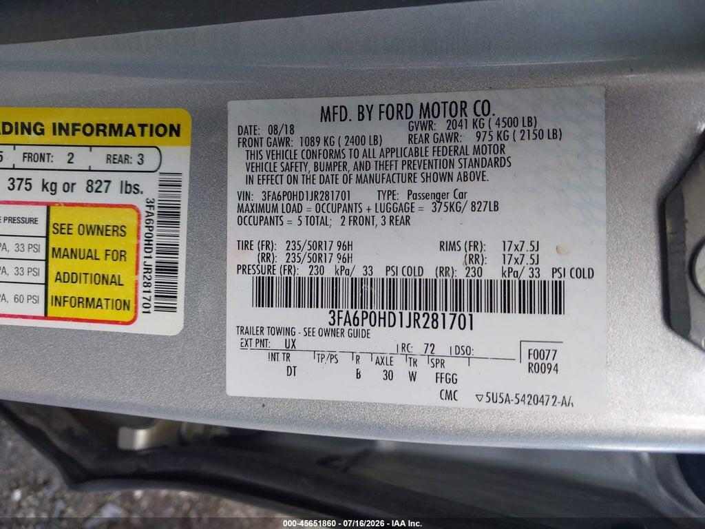 3FA6P0HD1JR281701 2018 FORD FUSION photo no. 9