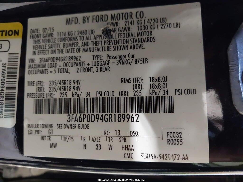 3FA6P0D94GR189962 2016 FORD FUSION photo no. 9