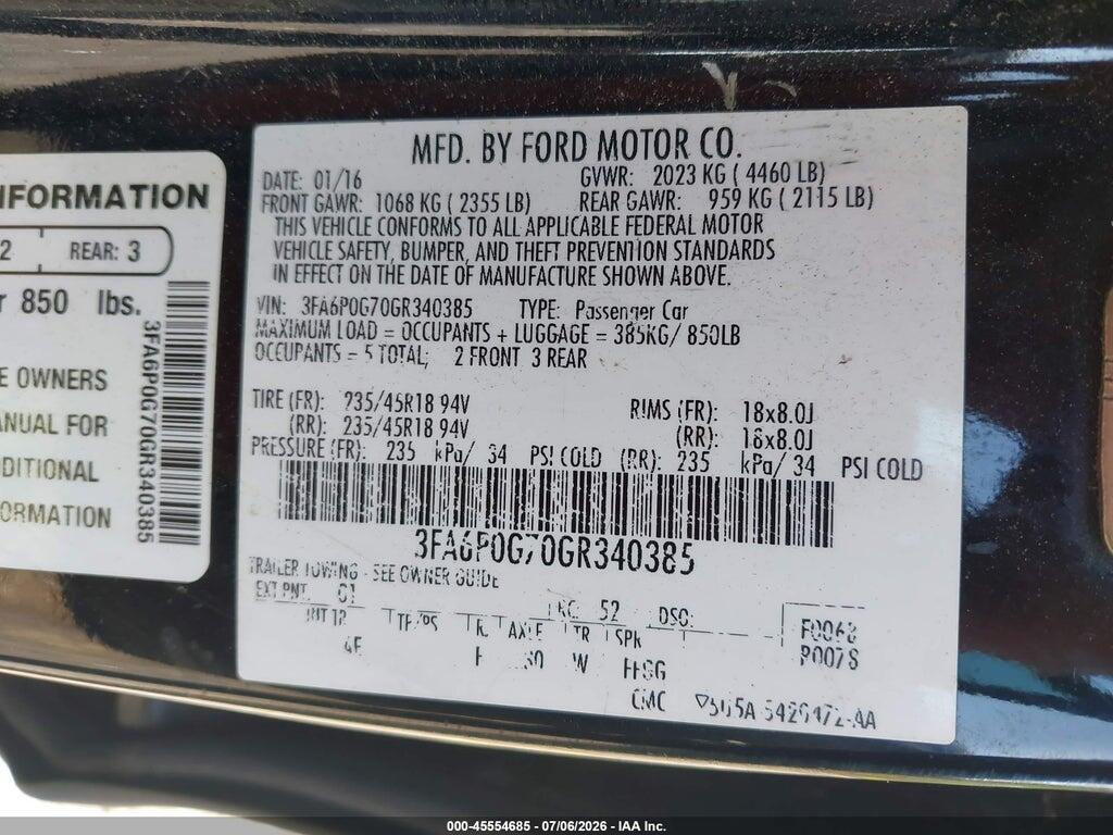 3FA6P0G70GR340385 2016 FORD FUSION photo no. 9