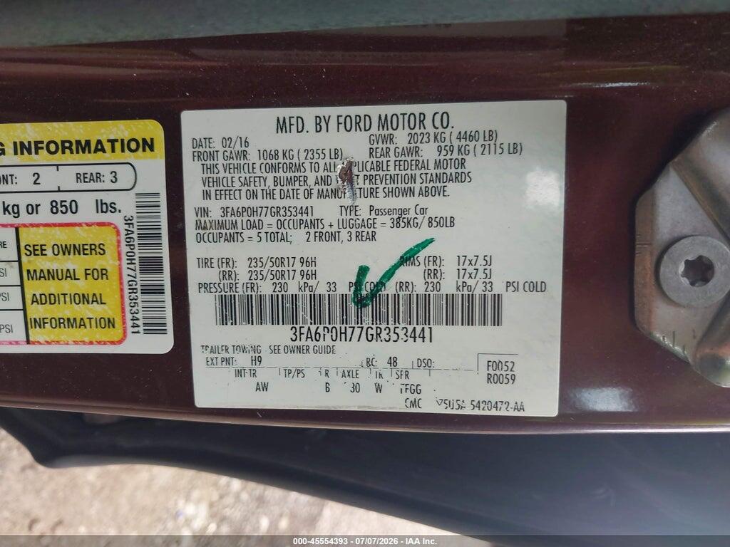 3FA6P0H77GR353441 2016 FORD FUSION photo no. 9