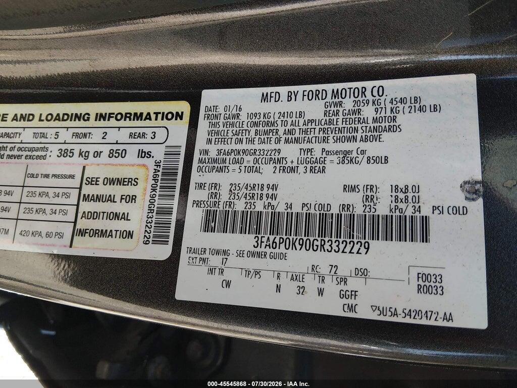 3FA6P0K90GR332229 2016 FORD FUSION photo no. 9