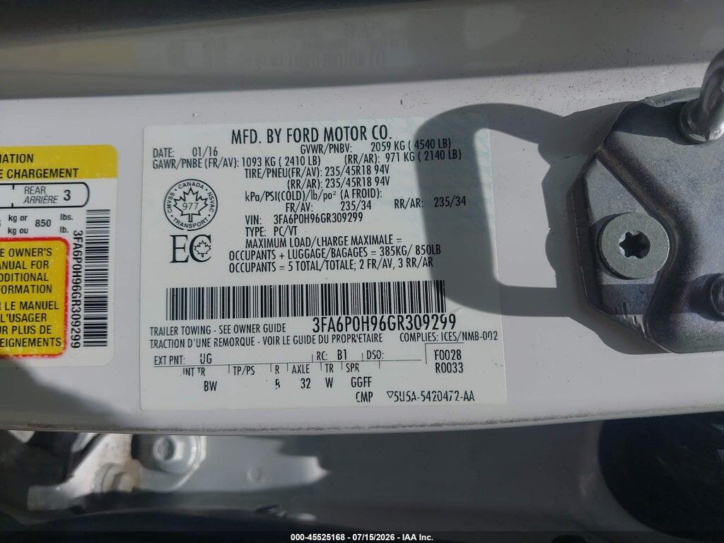 3FA6P0H96GR309299 2016 FORD FUSION photo no. 8