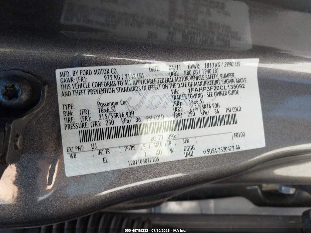 1FAHP3F20CL135092 2012 FORD FOCUS photo no. 9