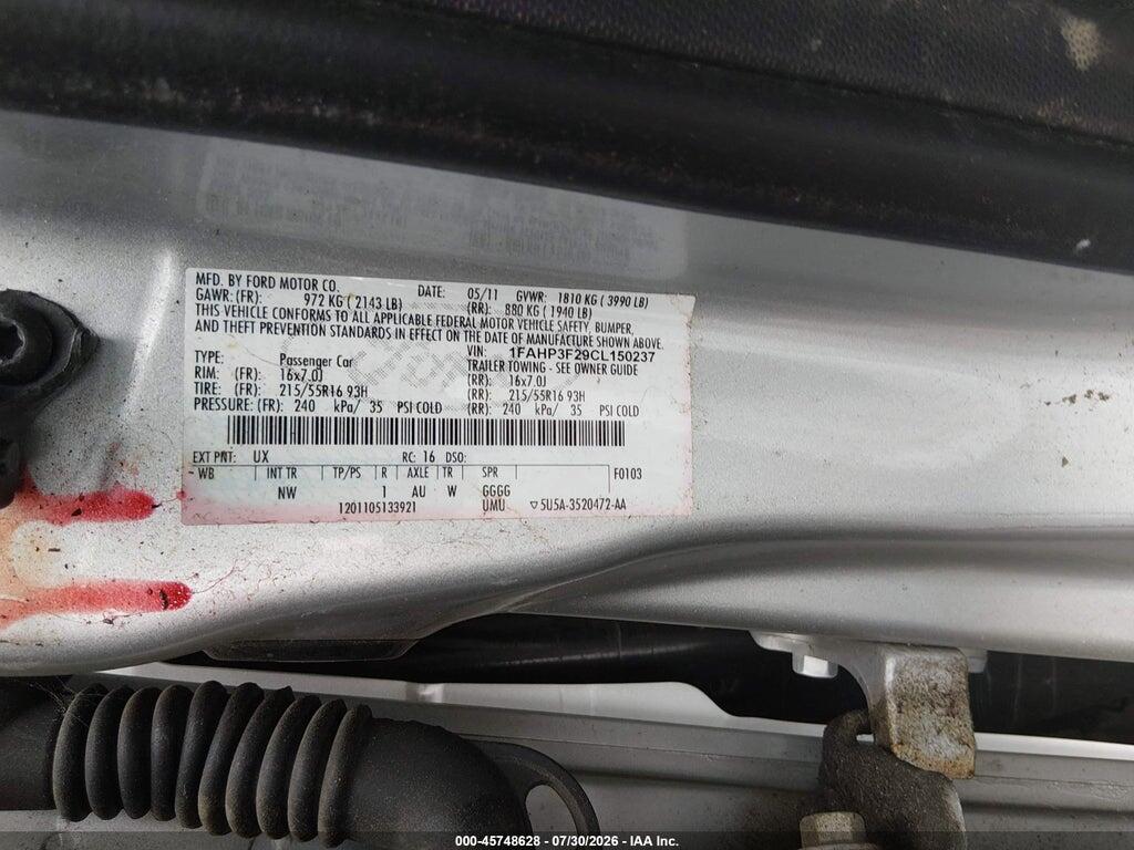 1FAHP3F29CL150237 2012 FORD FOCUS photo no. 9
