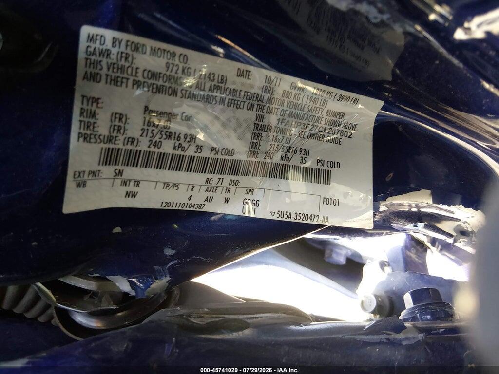 1FAHP3F27CL267802 2012 FORD FOCUS photo no. 9