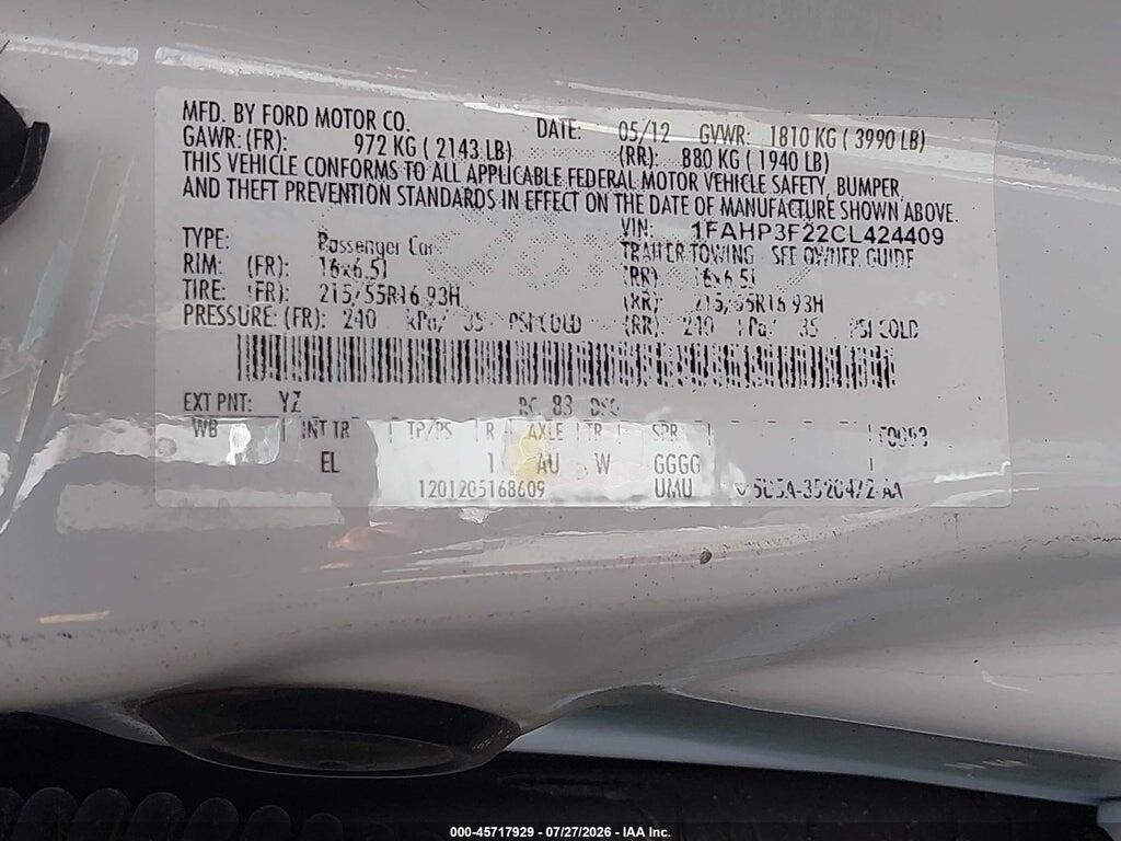 1FAHP3F22CL424409 2012 FORD FOCUS photo no. 9