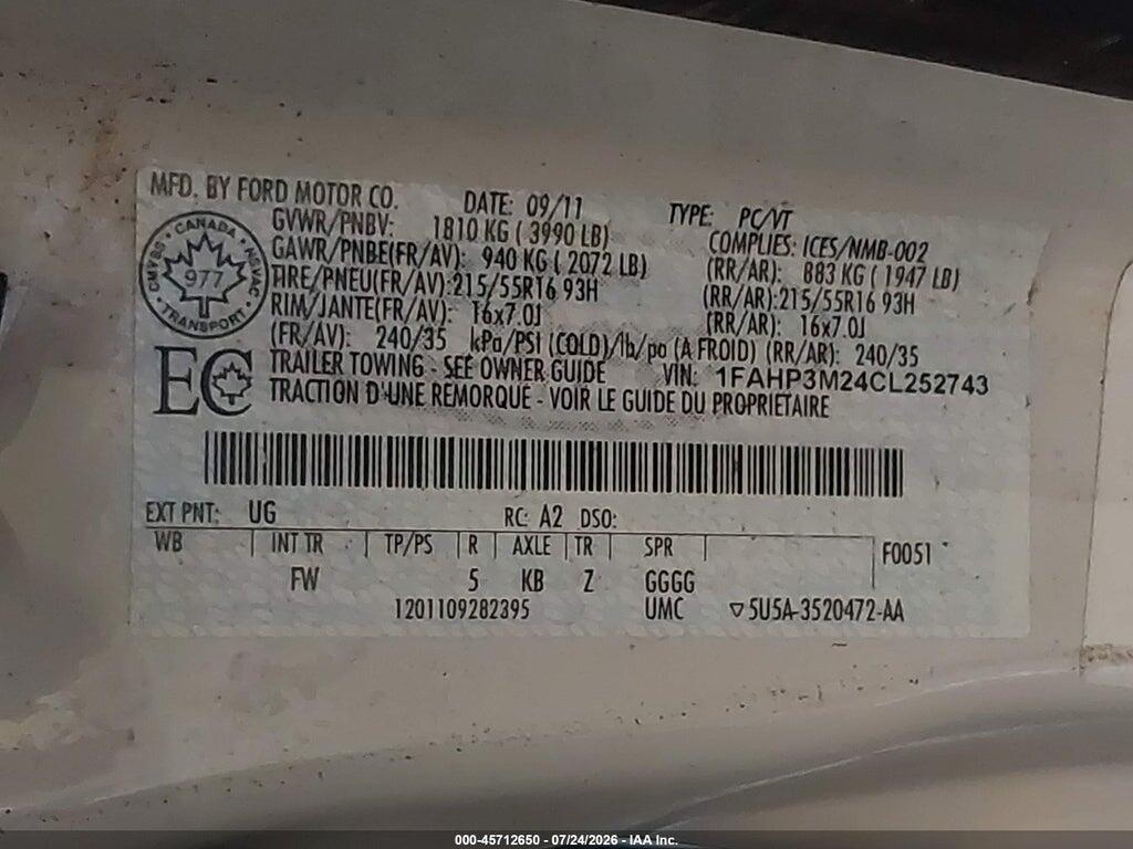 1FAHP3M24CL252743 2012 FORD FOCUS photo no. 9