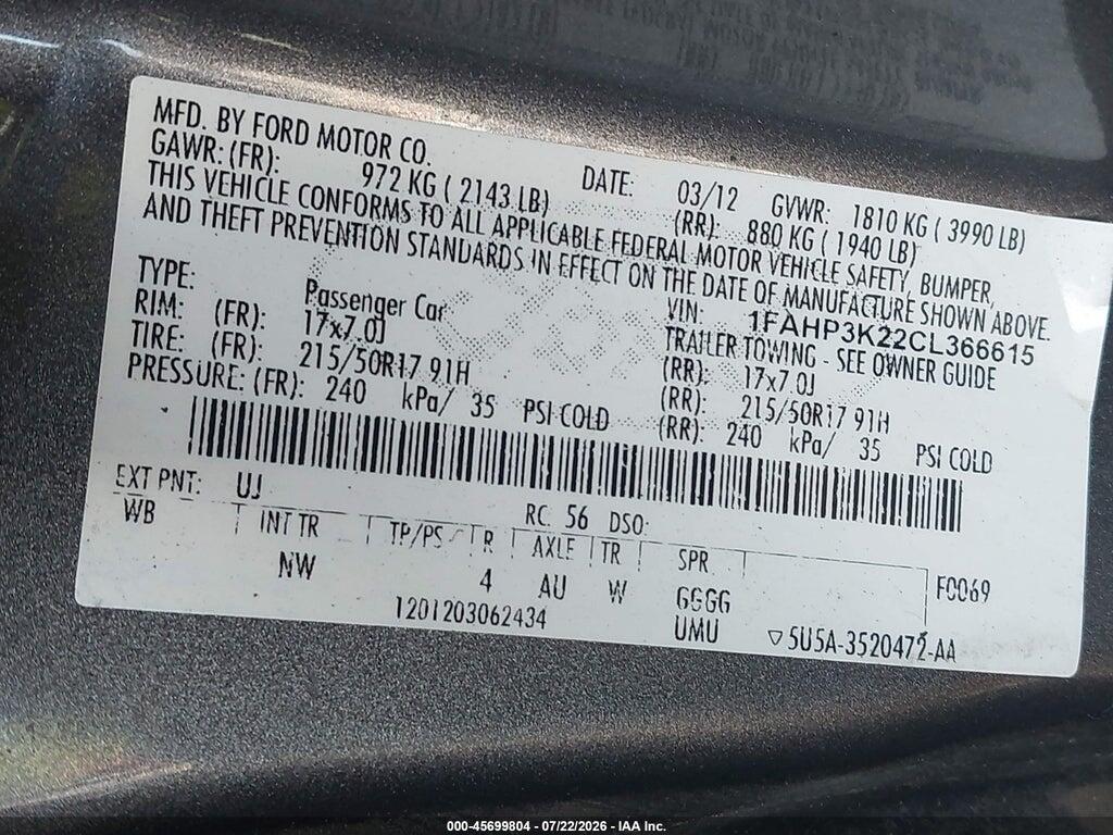 1FAHP3K22CL366615 2012 FORD FOCUS photo no. 9