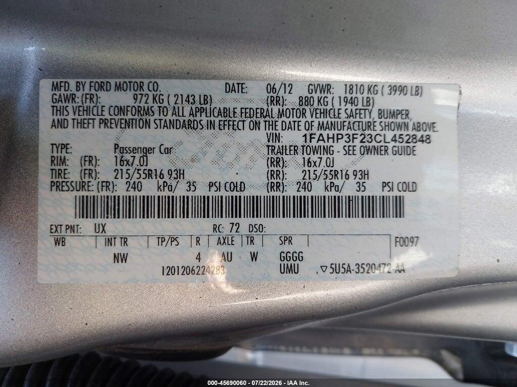 1FAHP3F23CL452848 2012 FORD FOCUS photo no. 9