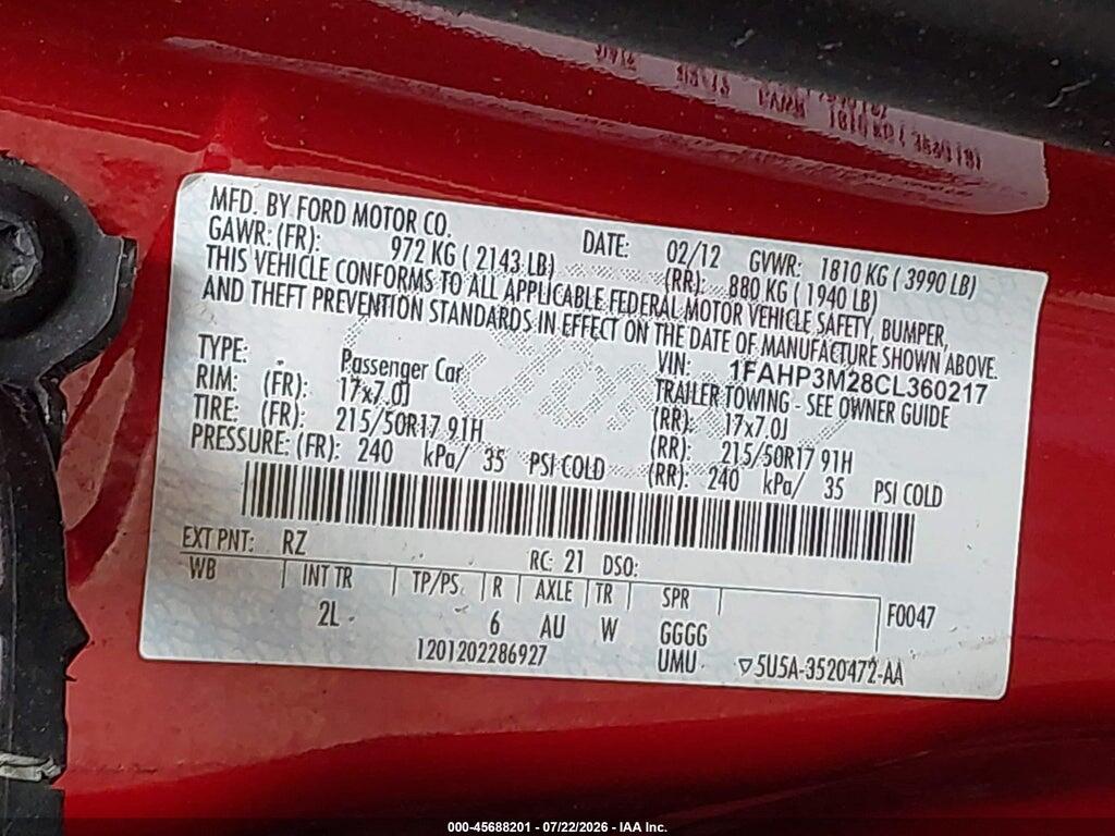 1FAHP3M28CL360217 2012 FORD FOCUS photo no. 9