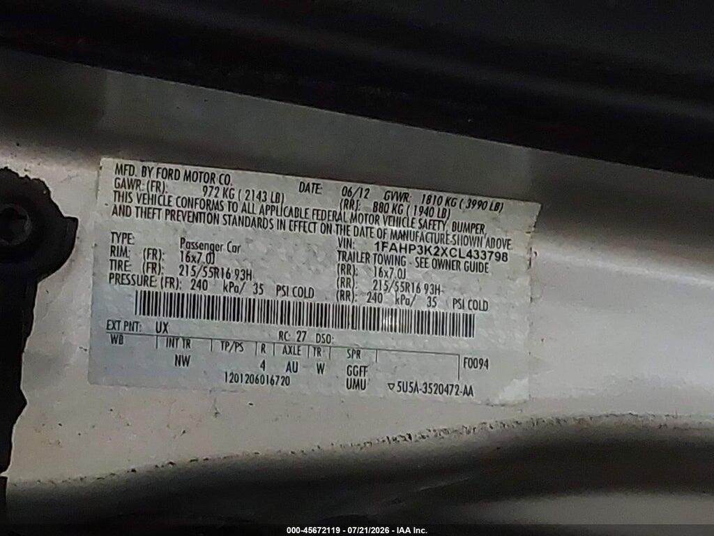 1FAHP3K2XCL433798 2012 FORD FOCUS photo no. 9