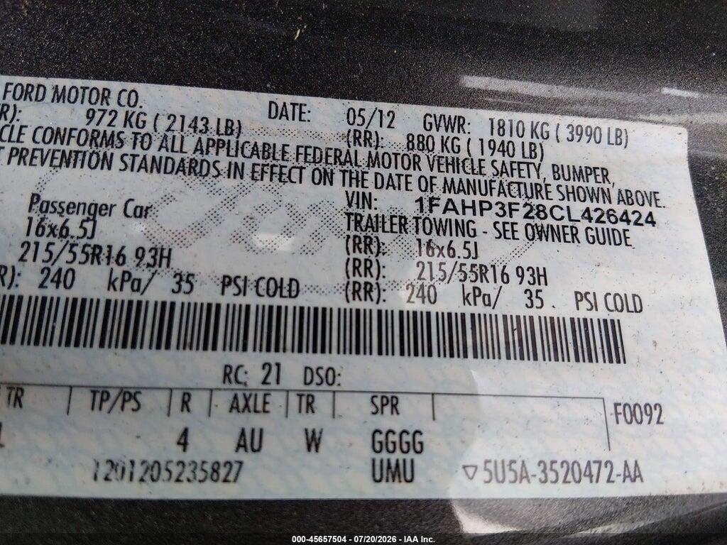 1FAHP3F28CL426424 2012 FORD FOCUS photo no. 9