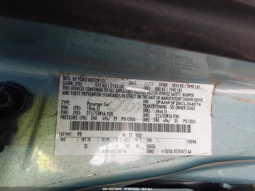 1FAHP3F29CL304574 2012 FORD FOCUS photo no. 9