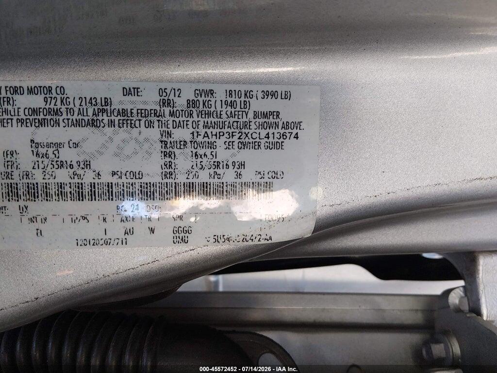 1FAHP3F2XCL413674 2012 FORD FOCUS photo no. 9
