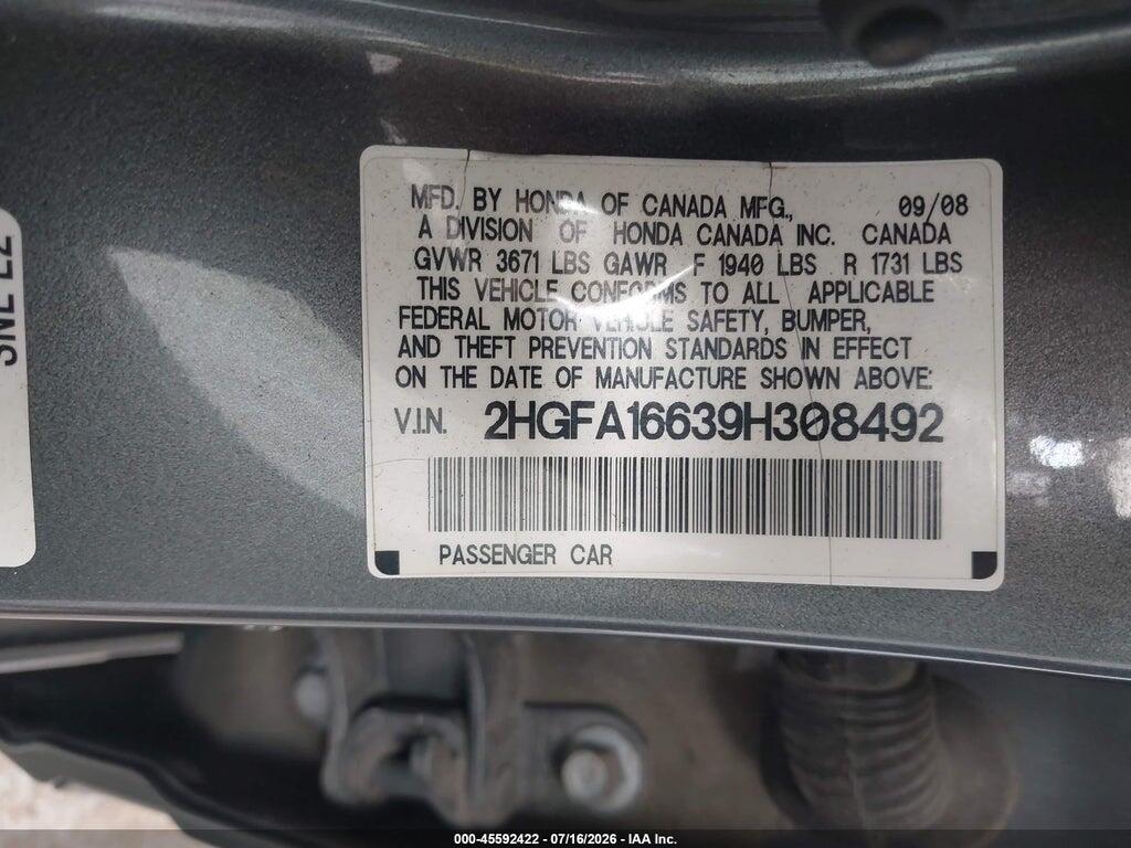 2HGFA16639H308492 2009 HONDA CIVIC photo no. 9