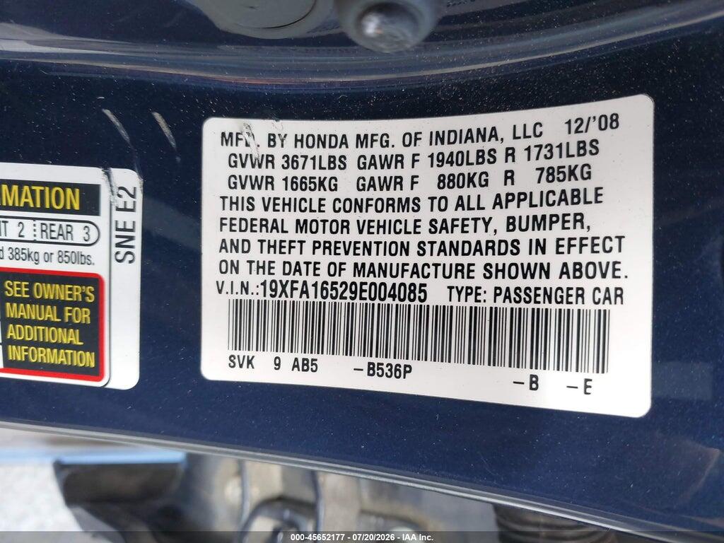 19XFA16529E004085 2009 HONDA CIVIC photo no. 9