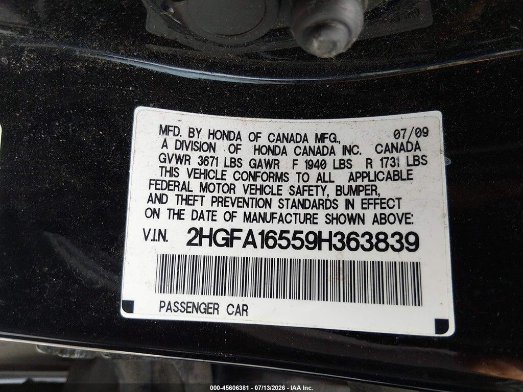 2HGFA16559H363839 2009 HONDA CIVIC photo no. 9