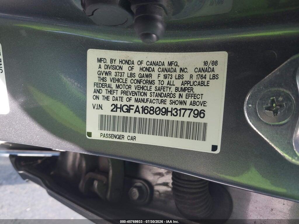 2HGFA16809H317796 2009 HONDA CIVIC photo no. 9