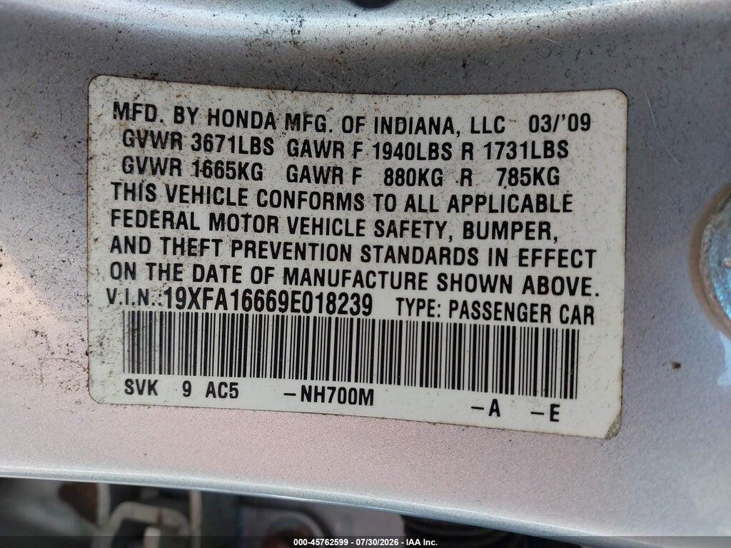 19XFA16669E018239 2009 HONDA CIVIC photo no. 9