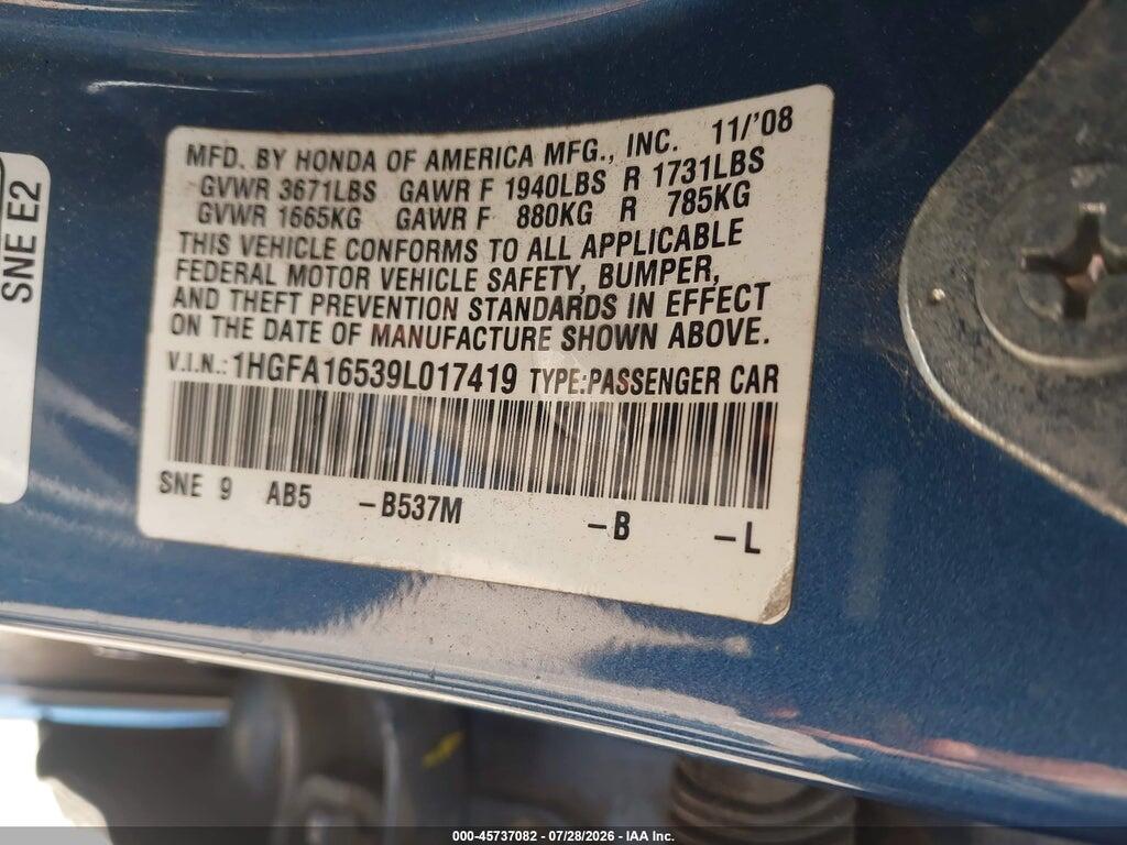1HGFA16539L017419 2009 HONDA CIVIC photo no. 9