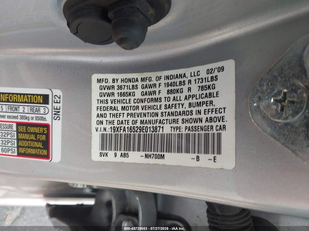 19XFA16529E013871 2009 HONDA CIVIC photo no. 9