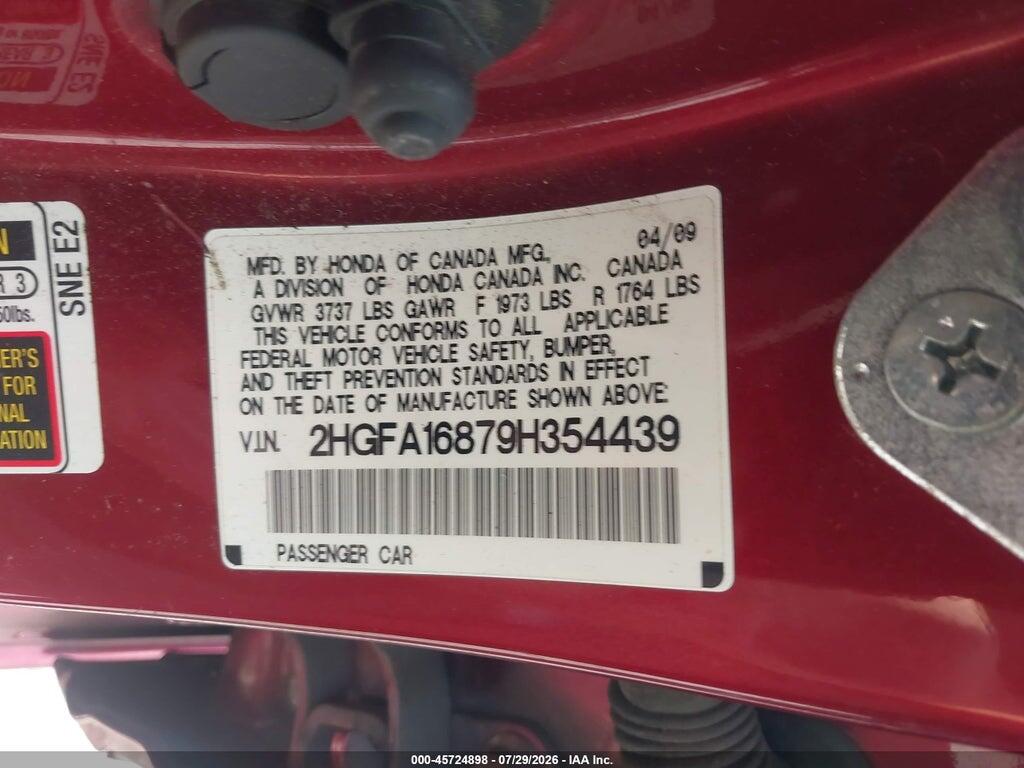 2HGFA16879H354439 2009 HONDA CIVIC photo no. 9