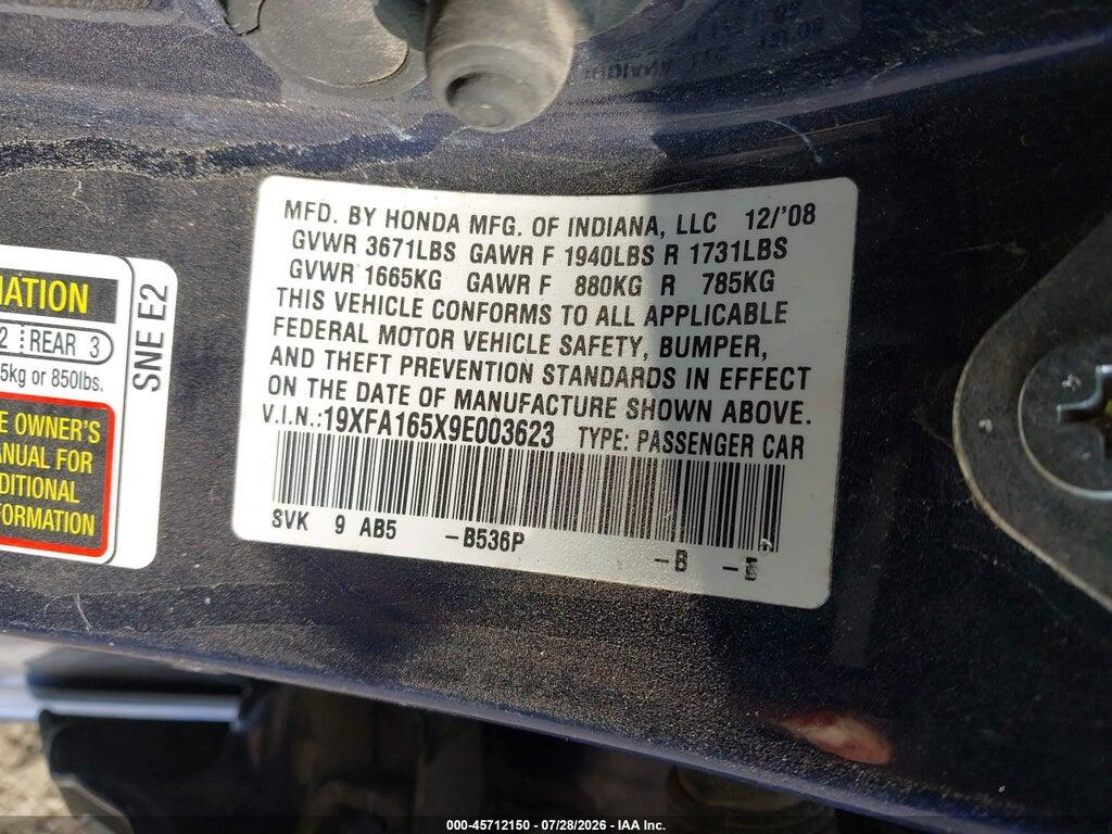 19XFA165X9E003623 2009 HONDA CIVIC photo no. 9