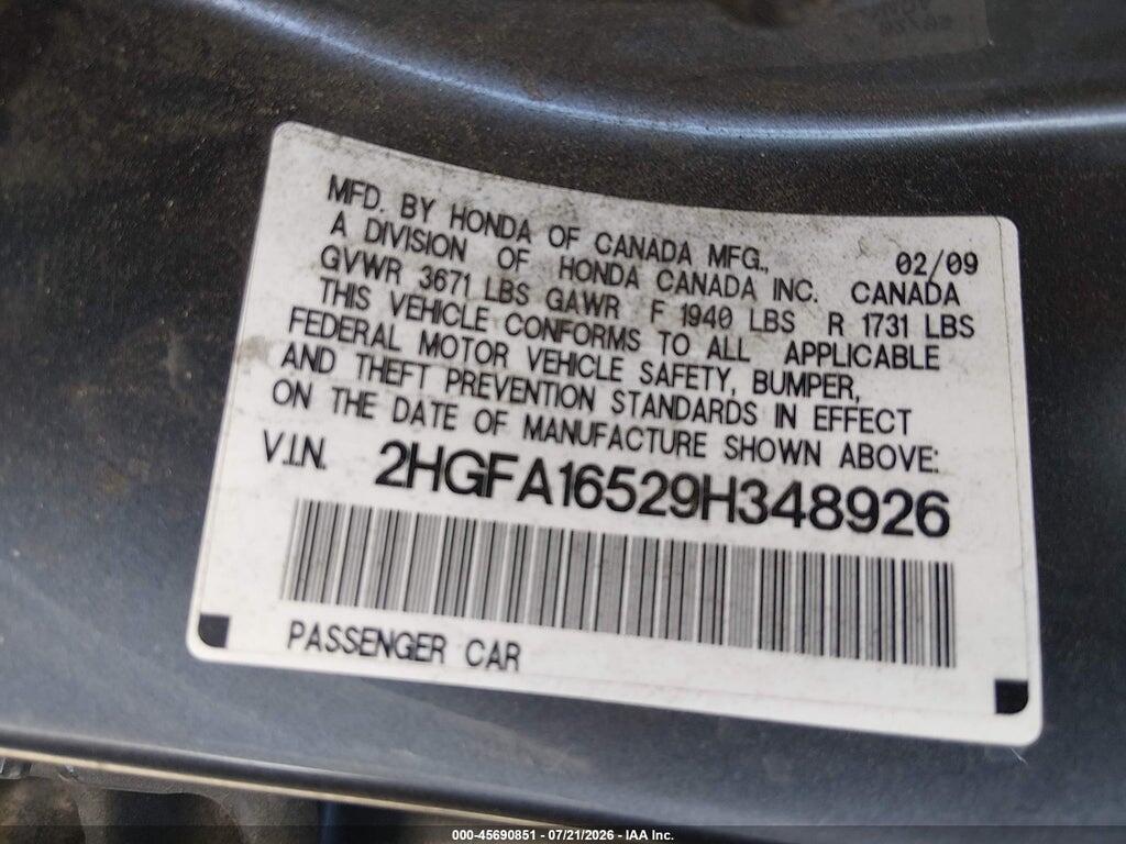 2HGFA16529H348926 2009 HONDA CIVIC photo no. 9