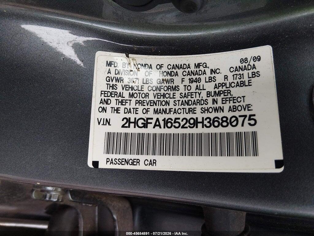 2HGFA16529H368075 2009 HONDA CIVIC photo no. 9