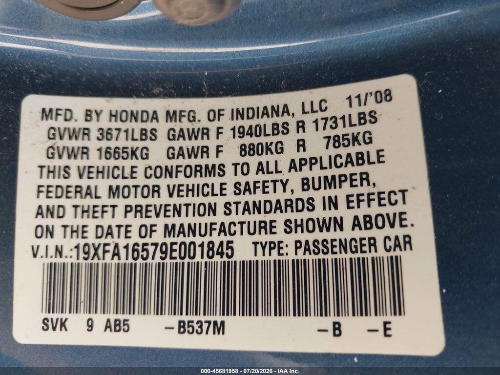 19XFA16579E001845 2009 HONDA CIVIC photo no. 9