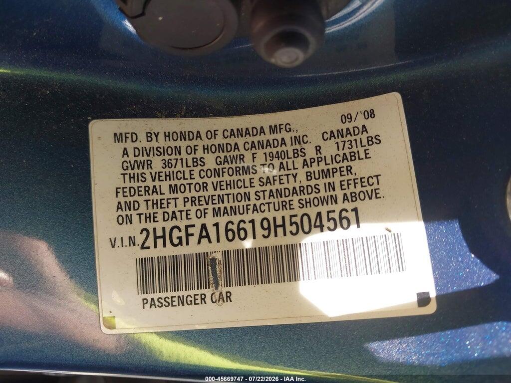 2HGFA16619H504561 2009 HONDA CIVIC photo no. 9
